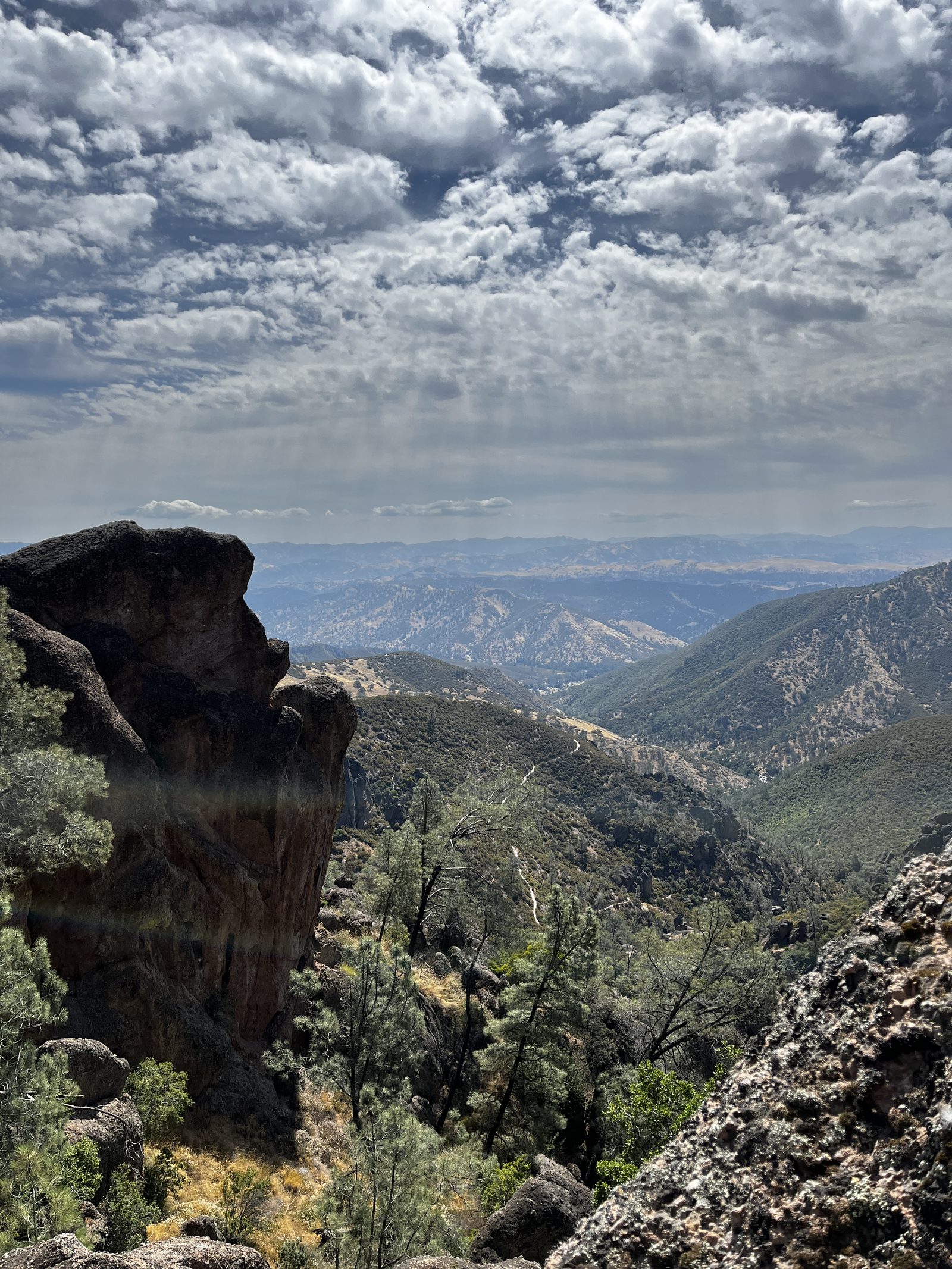 Dark volcanic rock spires and pines above green valleys and distant hills under a cloudy sky.